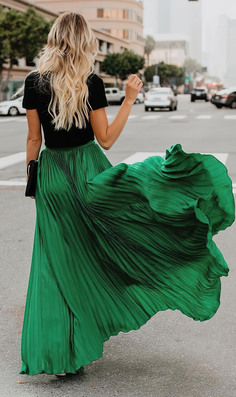 ebossy Women's High Waist Flowy Pleated Chiffon Maxi Skirt (Large, Green) - Image 5